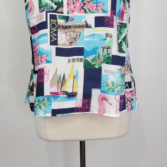 Talbots Petites Multi-Color Vacation Travel Seahorse Postcard Print Top Size LP - Picture 3 of 12